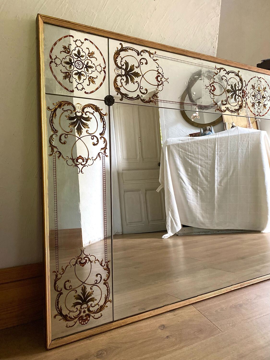 Antique bistro/brasserie mirror in reverse-painted glass, 202 x 102 cm