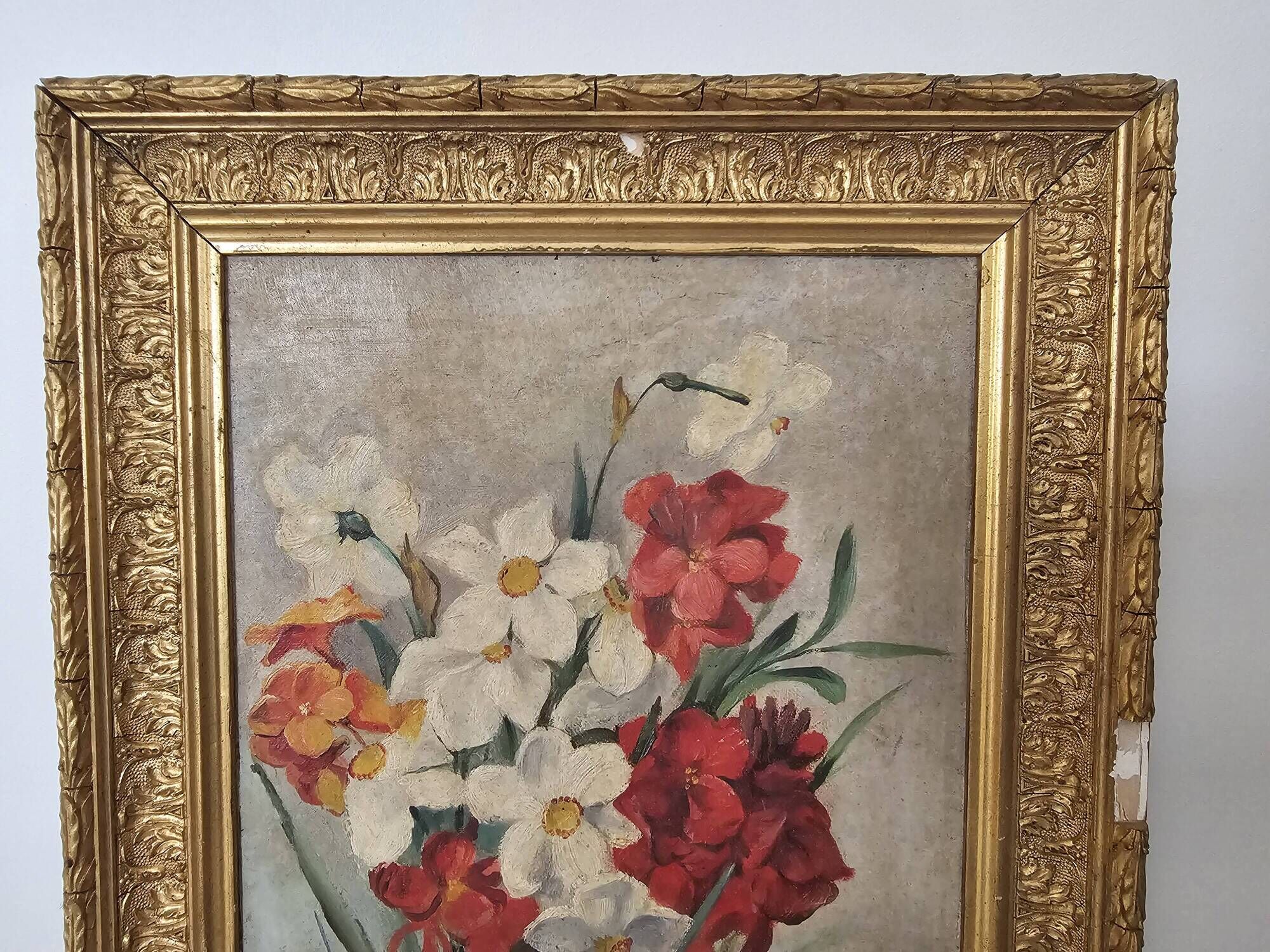 Oil on Canvas Painting - Still Life Flowers Bouquet with Dahlias Signed C D
