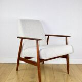 Armchair 'Lis', 1970s, white boucle, design by Henryk Lis - dark wood - 2 pieces available
