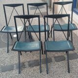 5 Bella folding chairs in steel and petrol blue leather by Maison Cattelan