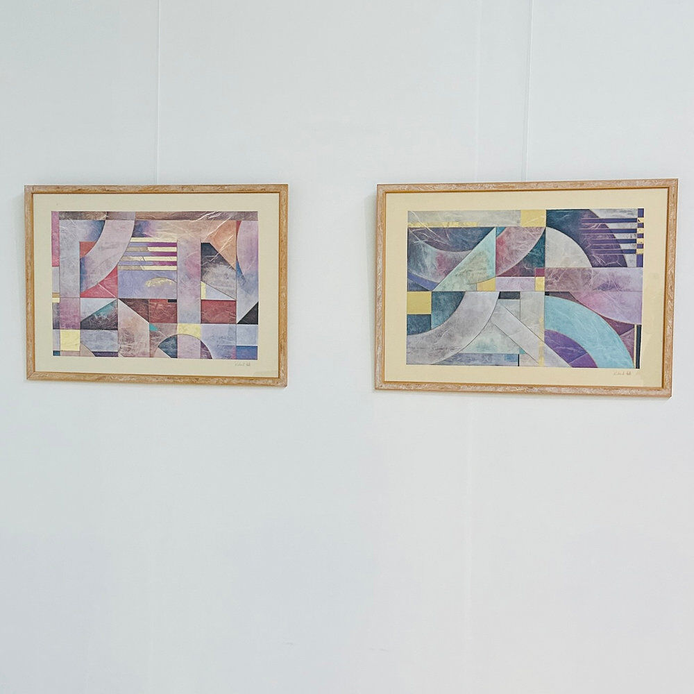 Pair of large Richard Hall geometric abstract mixed media lithographs with gold