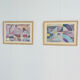 Pair of large Richard Hall geometric abstract mixed media lithographs with gold