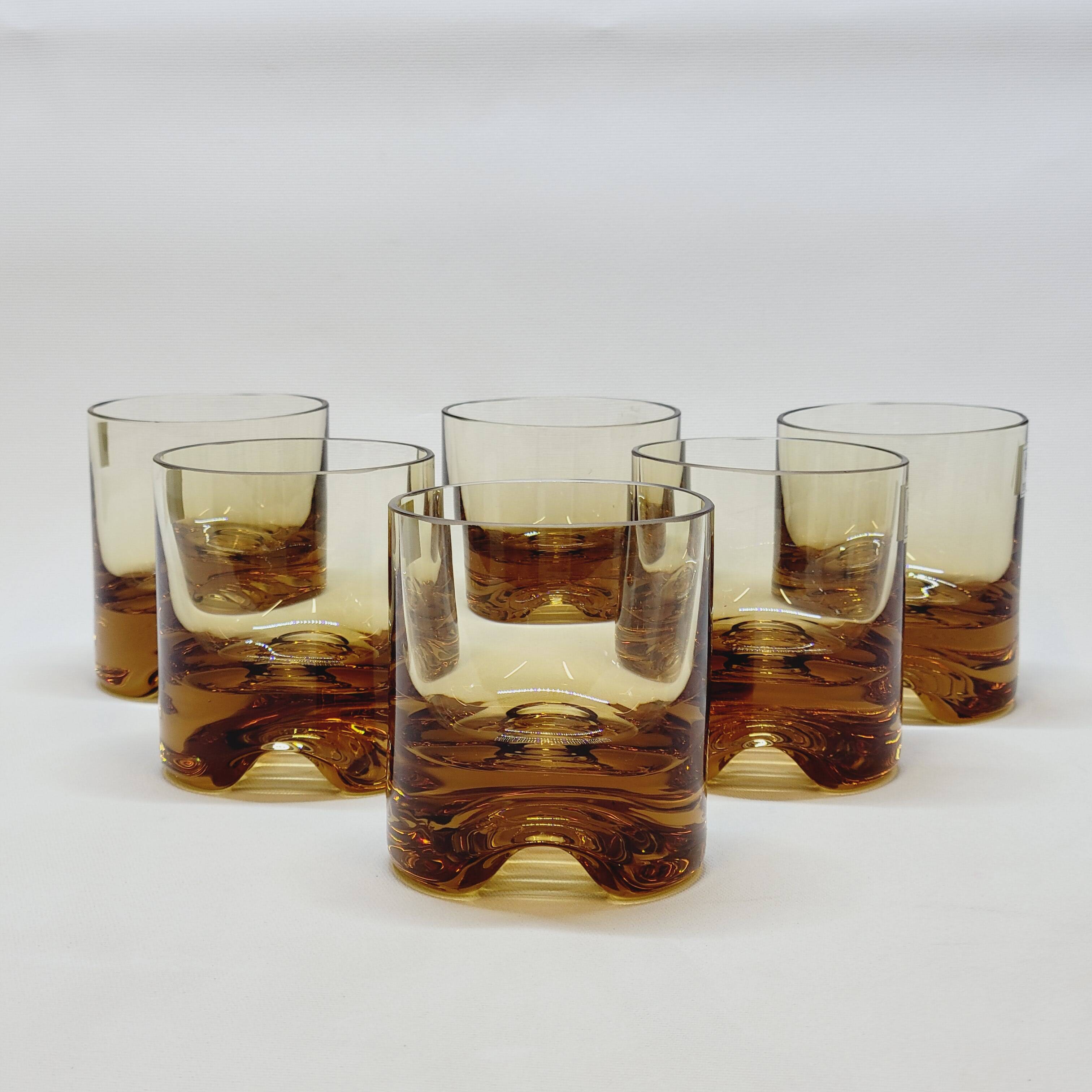 Verreries lorraines cristal set of 6 thick amber whiskey glasses vintage design