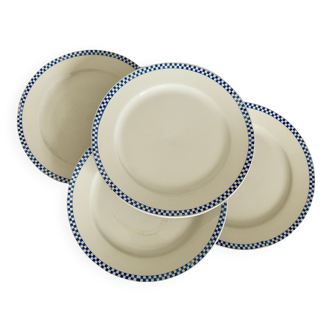 4 assiettes plates terre de fer anciennes - Liseré vichy - Faïence opaque de Sarreguemines - 19ème