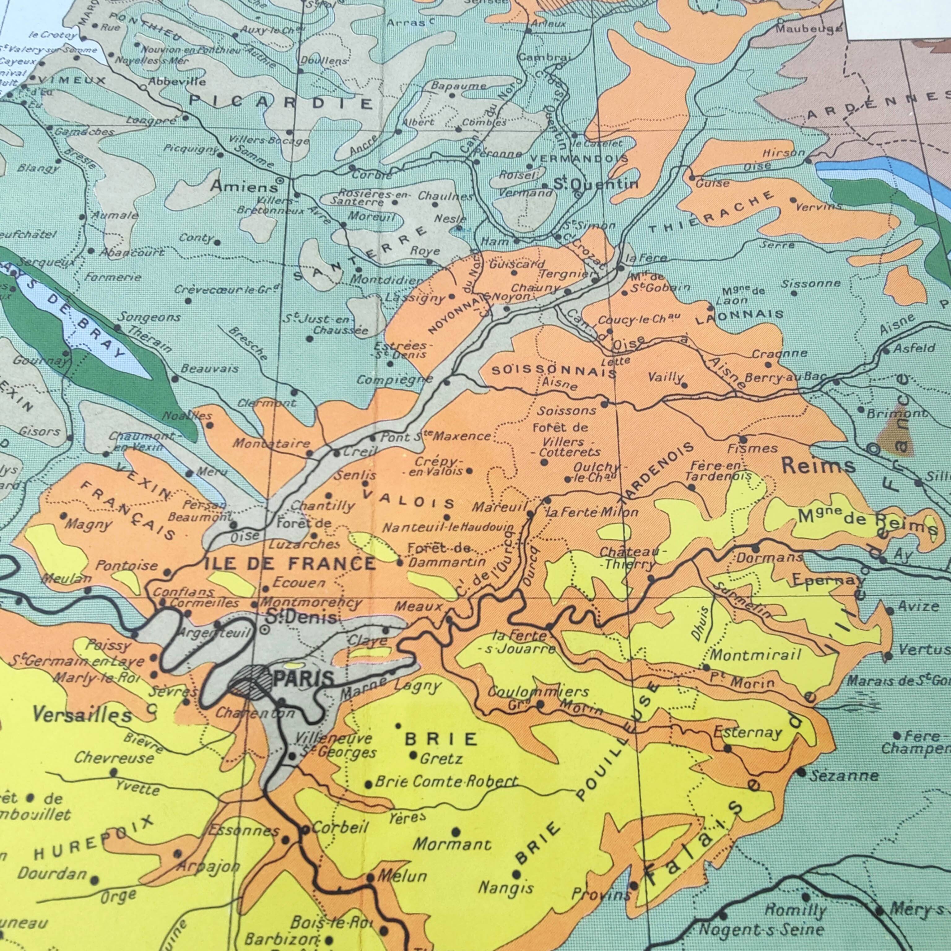 Old map of France Paris basin 43x43cm from 1950