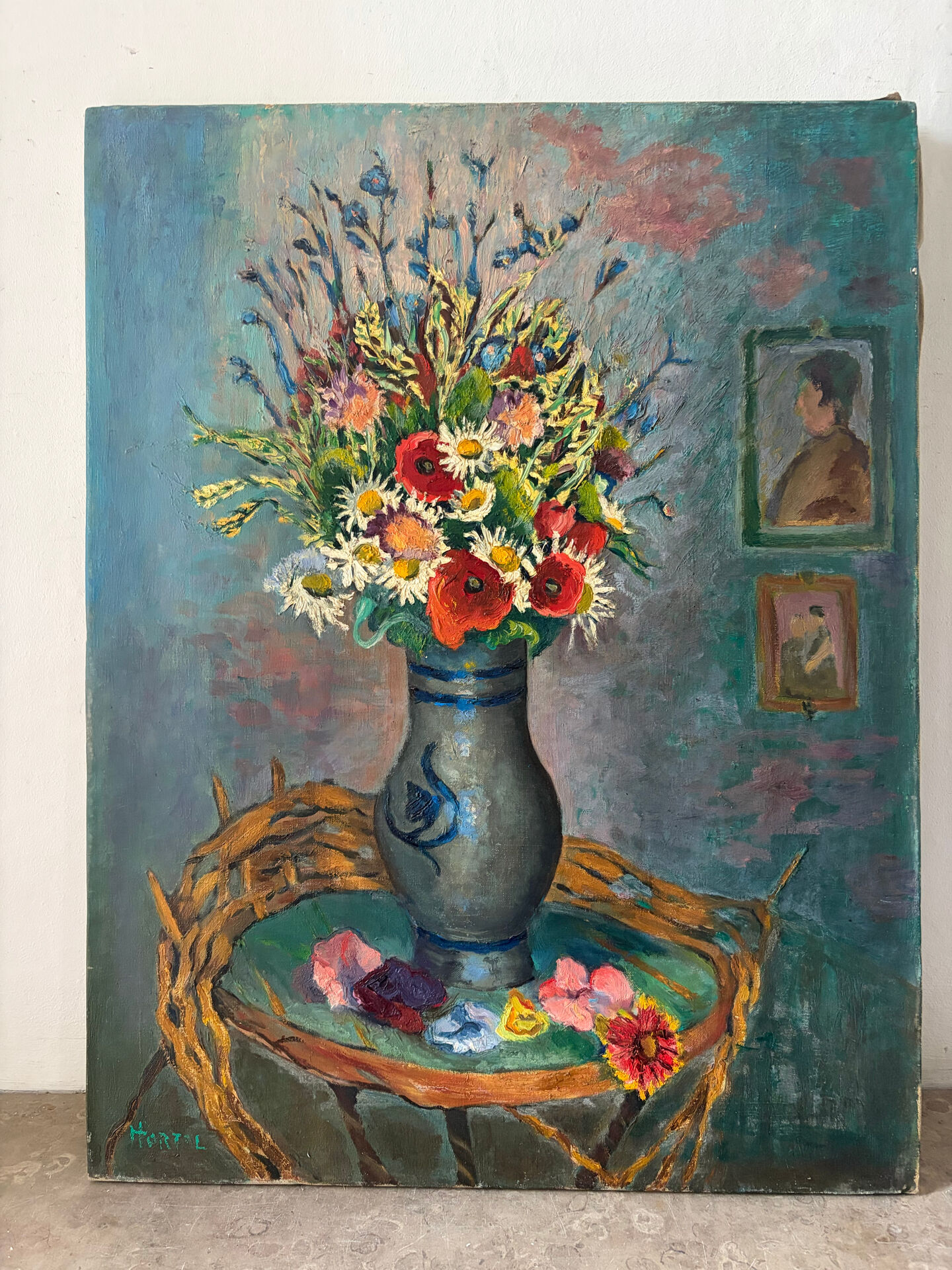 Bouquet of flowers with poppies, oil on canvas signed
