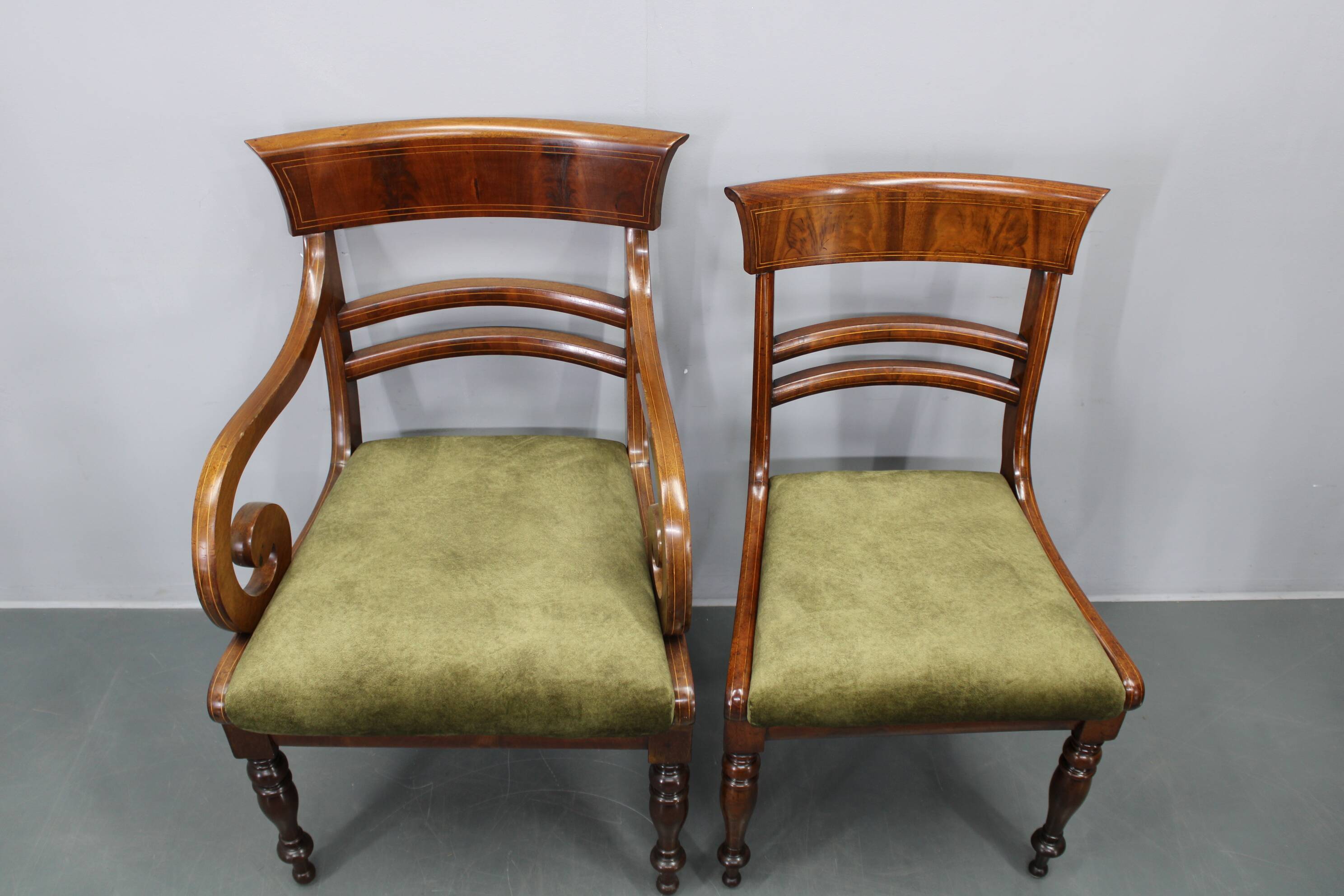 French Art Deco walnut dining chair set with armchairs, France 1930s