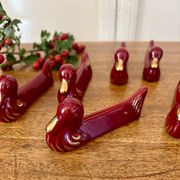 Set of 8 vintage slip knife holders in the shape of red ducks and