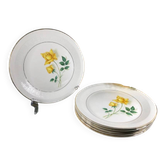 6 white flat plates pink yellow Moulin des Loups Orchies