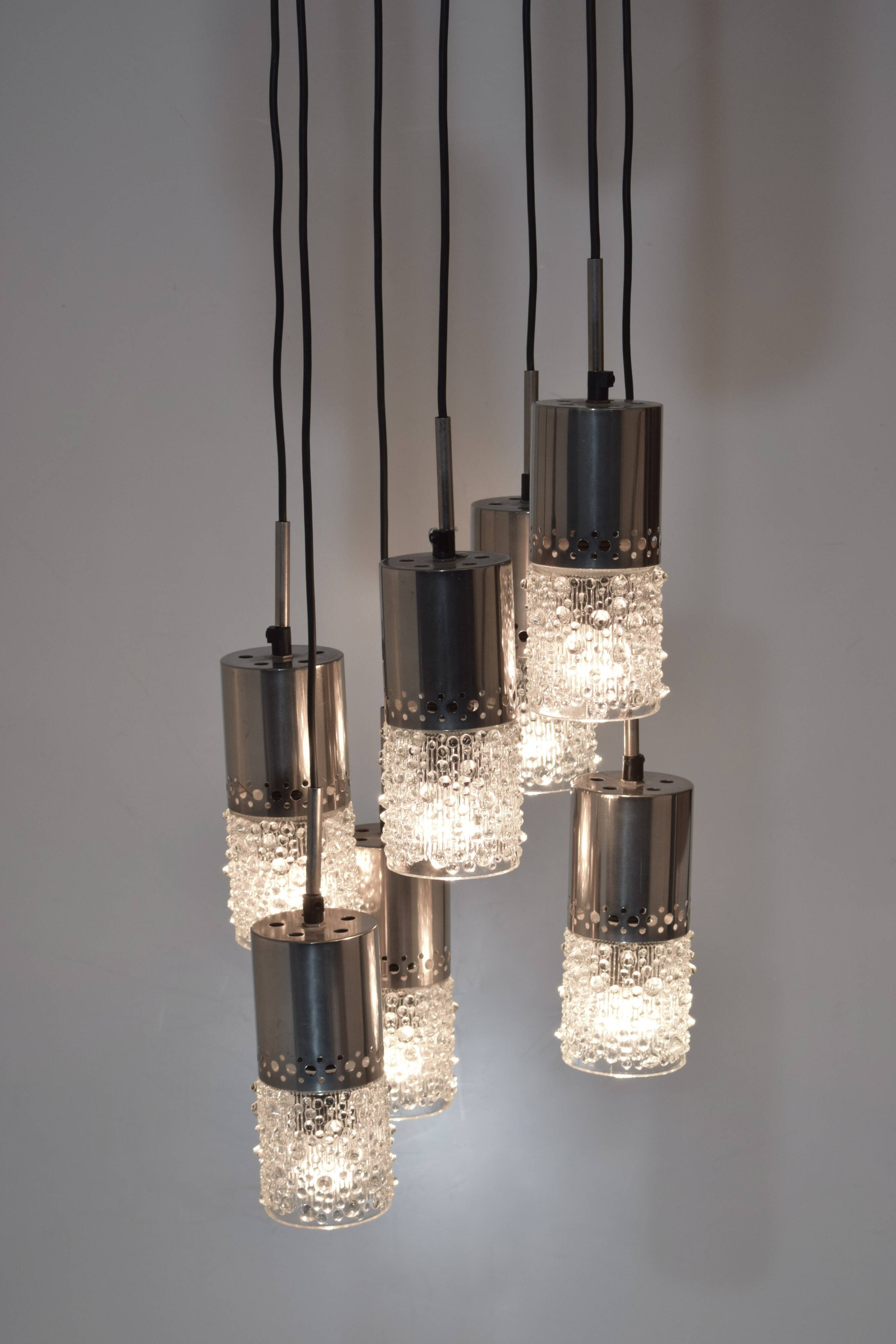 Vintage waterfall chandelier, 7 chrome and glass