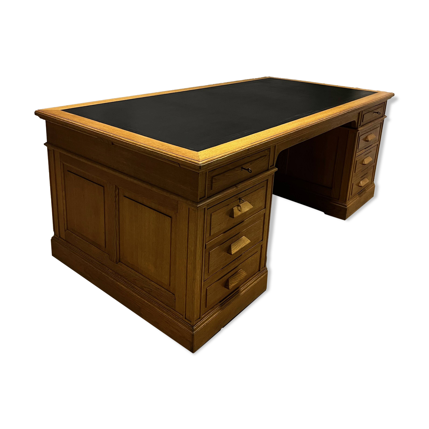 Large Desk "Banque De France" Oak and Leather Box Dish