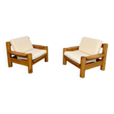 Set of 2 armchairs in solid pine with boucle fabric, 1970s Scandinavian design.