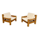 Set of 2 armchairs in solid pine with boucle fabric, 1970s Scandinavian design.