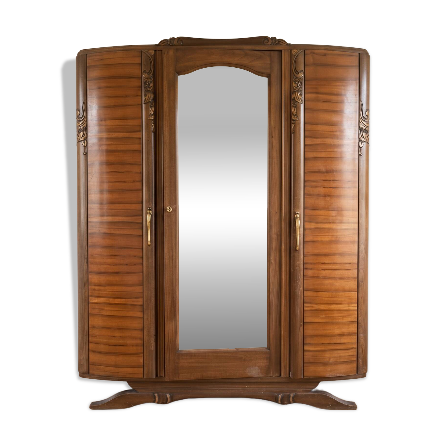 Antique 3-door Art Deco wardrobe in solid wood with mirror