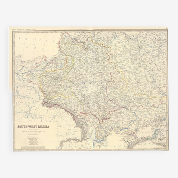 Carte antique de l’Ukraine et de la Russie du Sud vers 1869 Keith Johnston Royal Atlas Carte colorée à la main