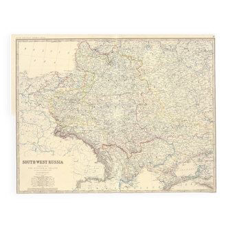 Carte antique de l’Ukraine et de la Russie du Sud vers 1869 Keith Johnston Royal Atlas Carte colorée à la main