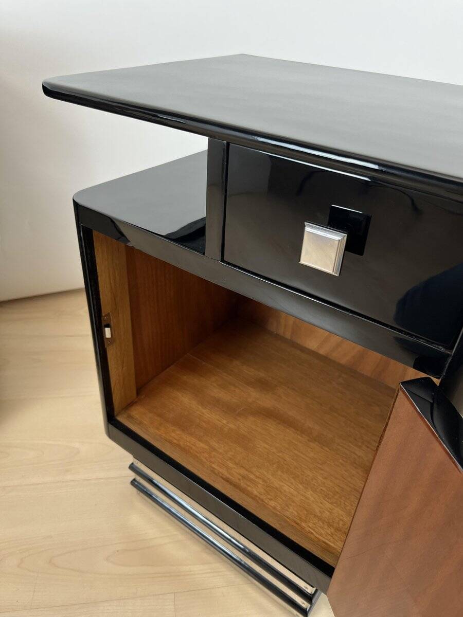 Art Deco Bedside Cabinets in Black Lacquer & Chrome, France, 1930, Set of 2