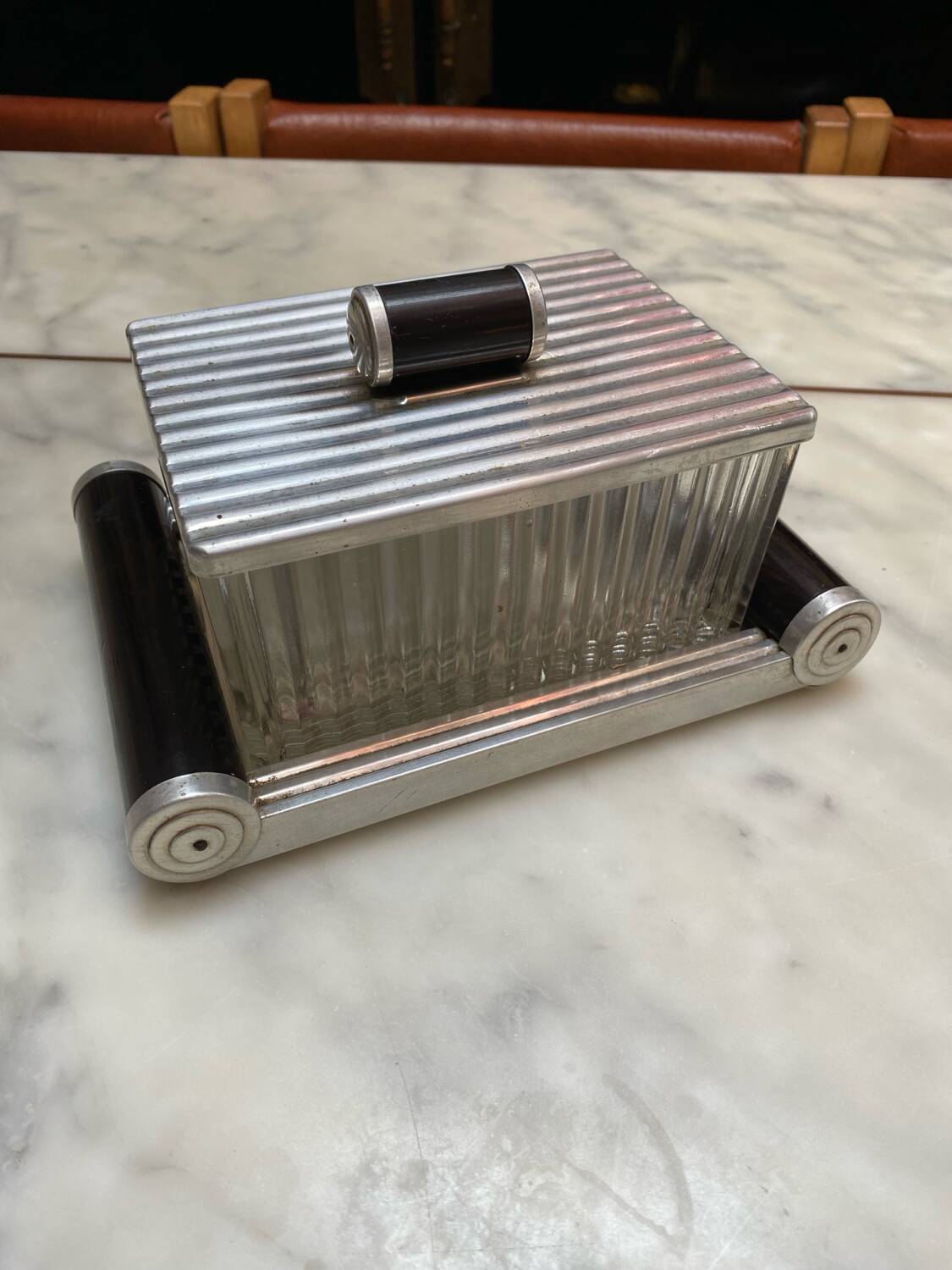 Art Deco box, 1920s metal, wood and glass
