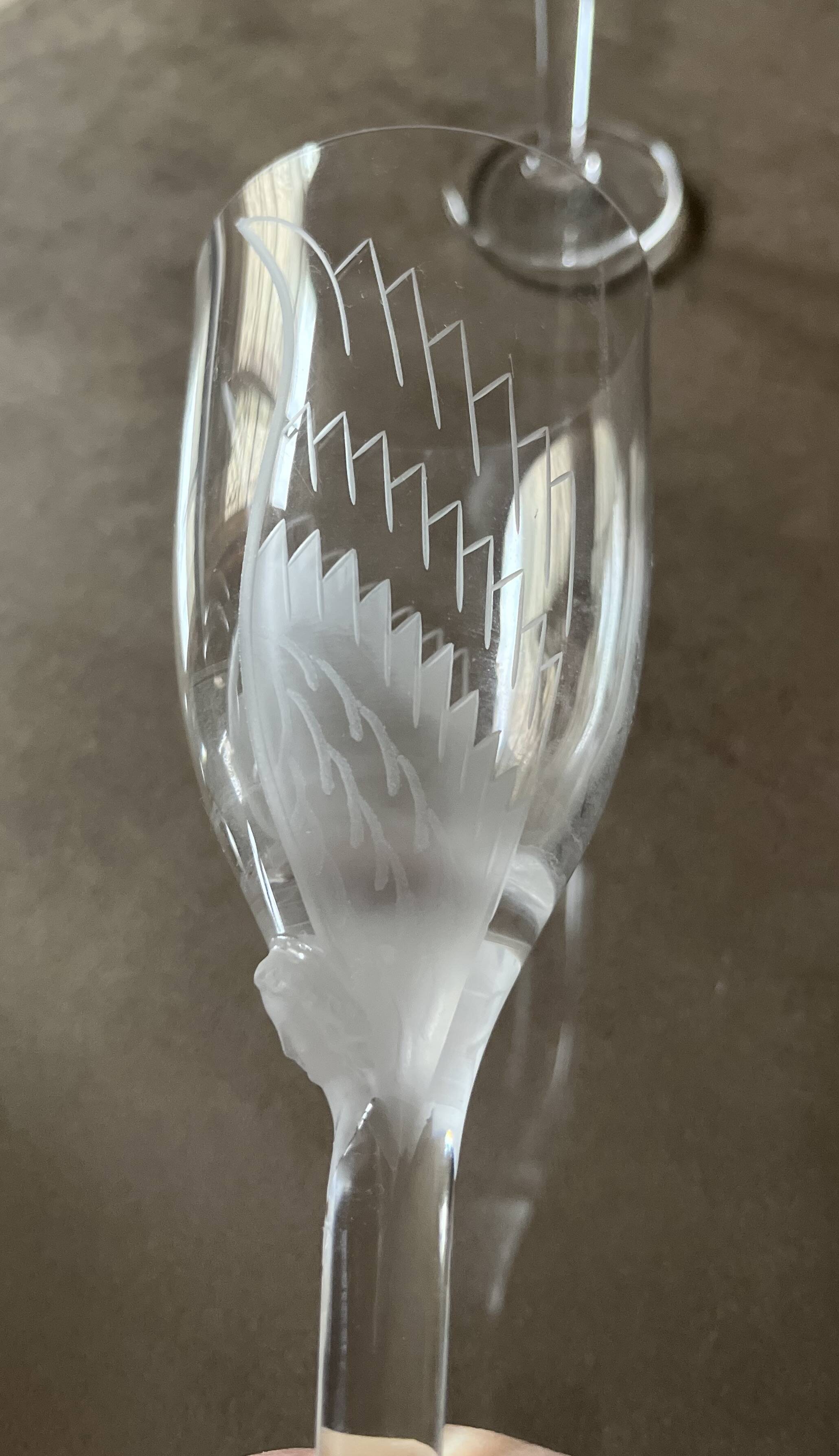 Set of two champagne glasses, crystal, Lalique France, angel model.