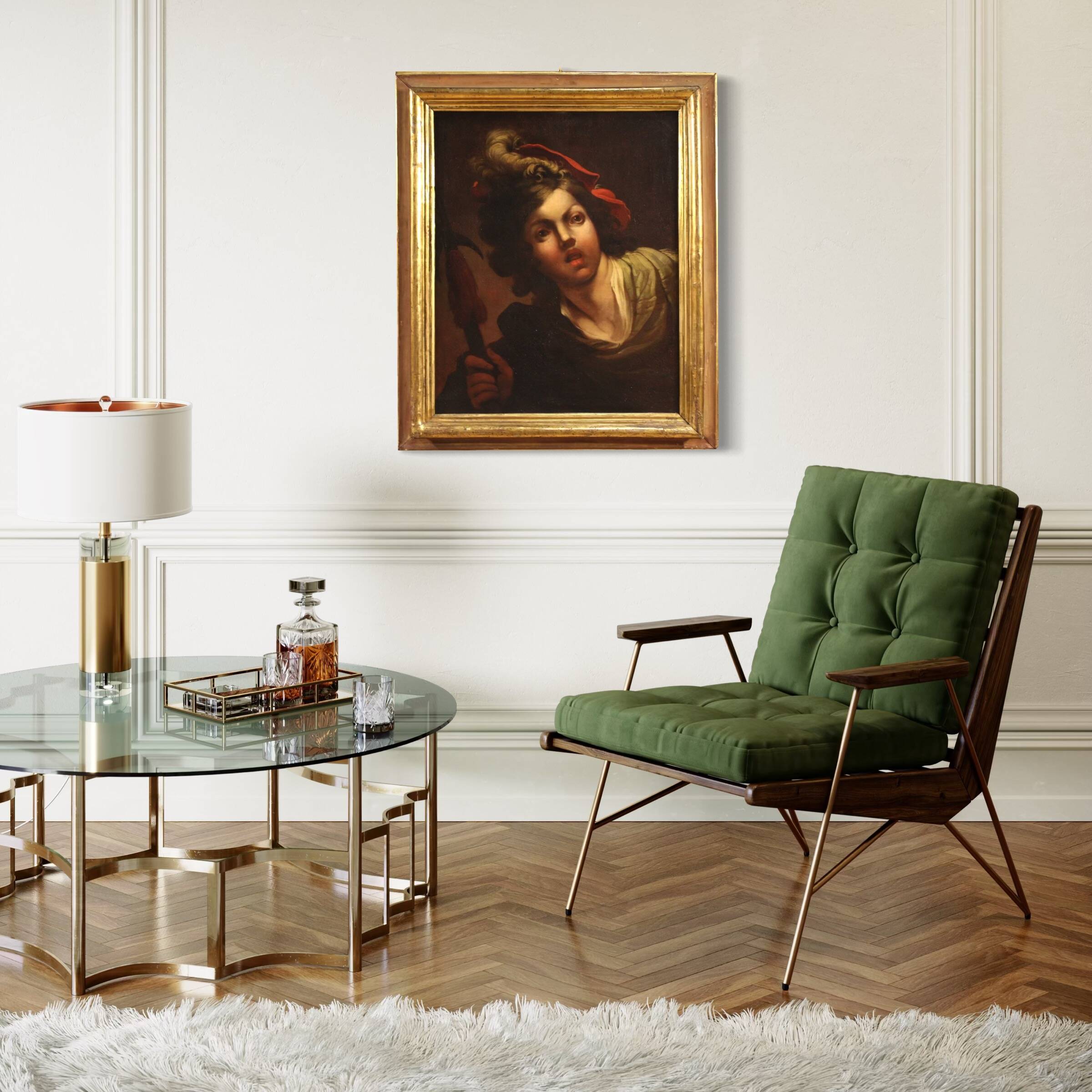 Antique French painting from the 18th century, portrait of a soldier