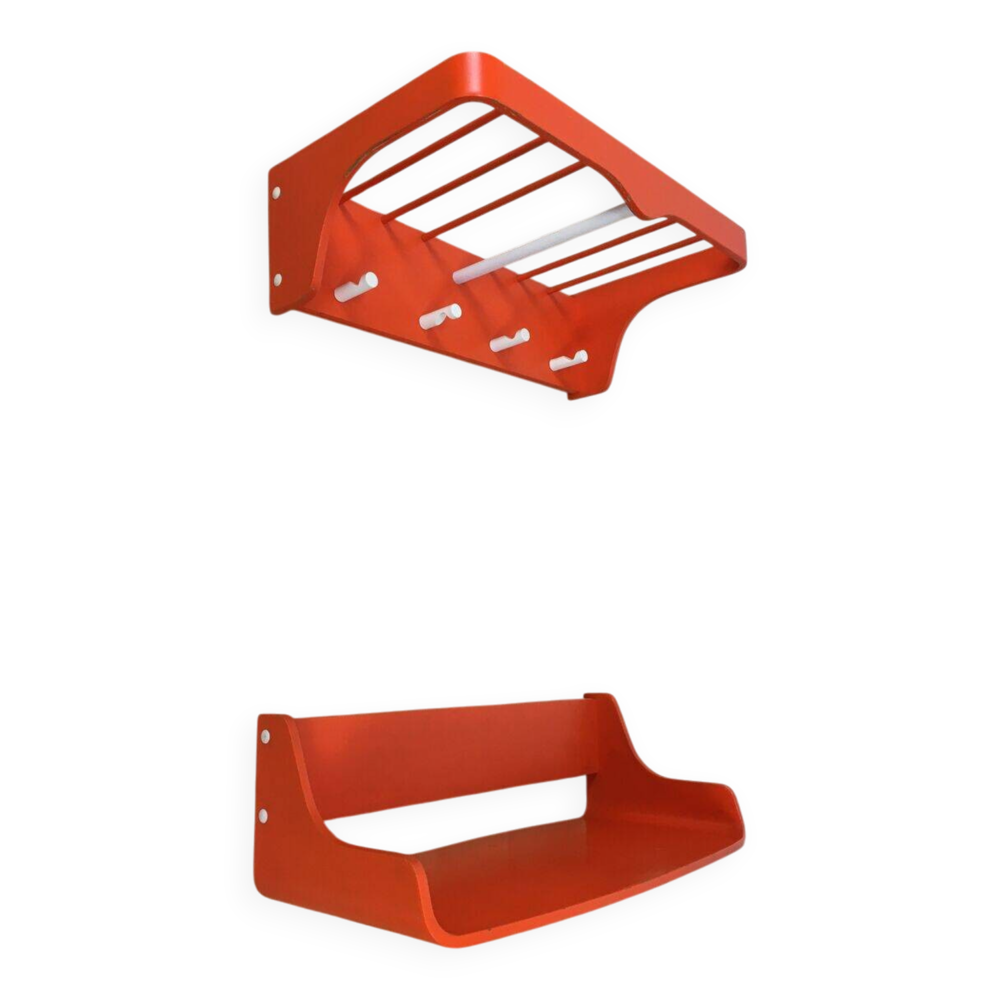 Space age wall coat rack, orange wood, with its shelf from the 1970s.
