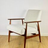 Armchair 'Lis', 1970s, white boucle, design by Henryk Lis - dark wood - 2 pieces available
