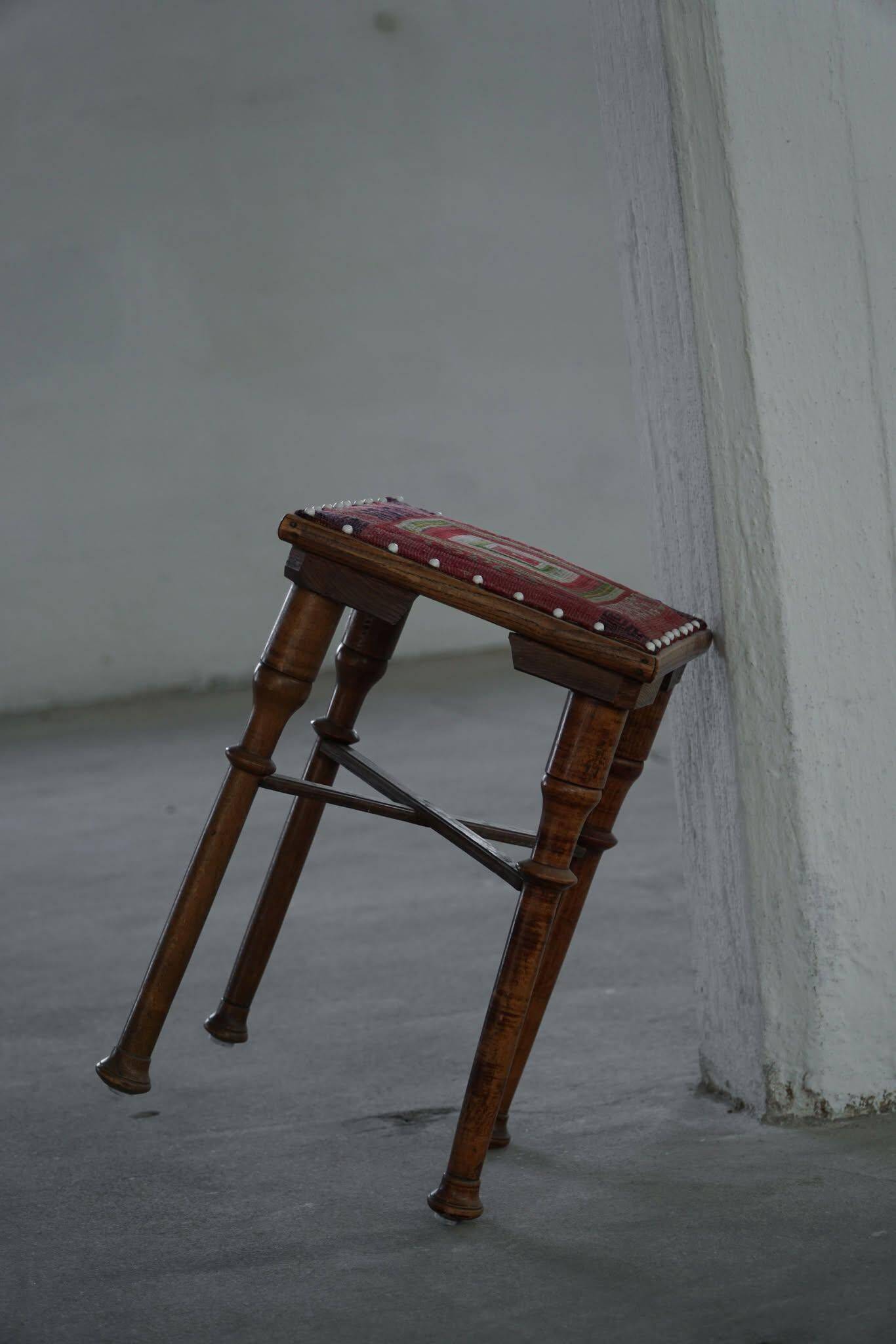 Almue Scandinavian Stool in Wood and Fabric, Late 19th Century
