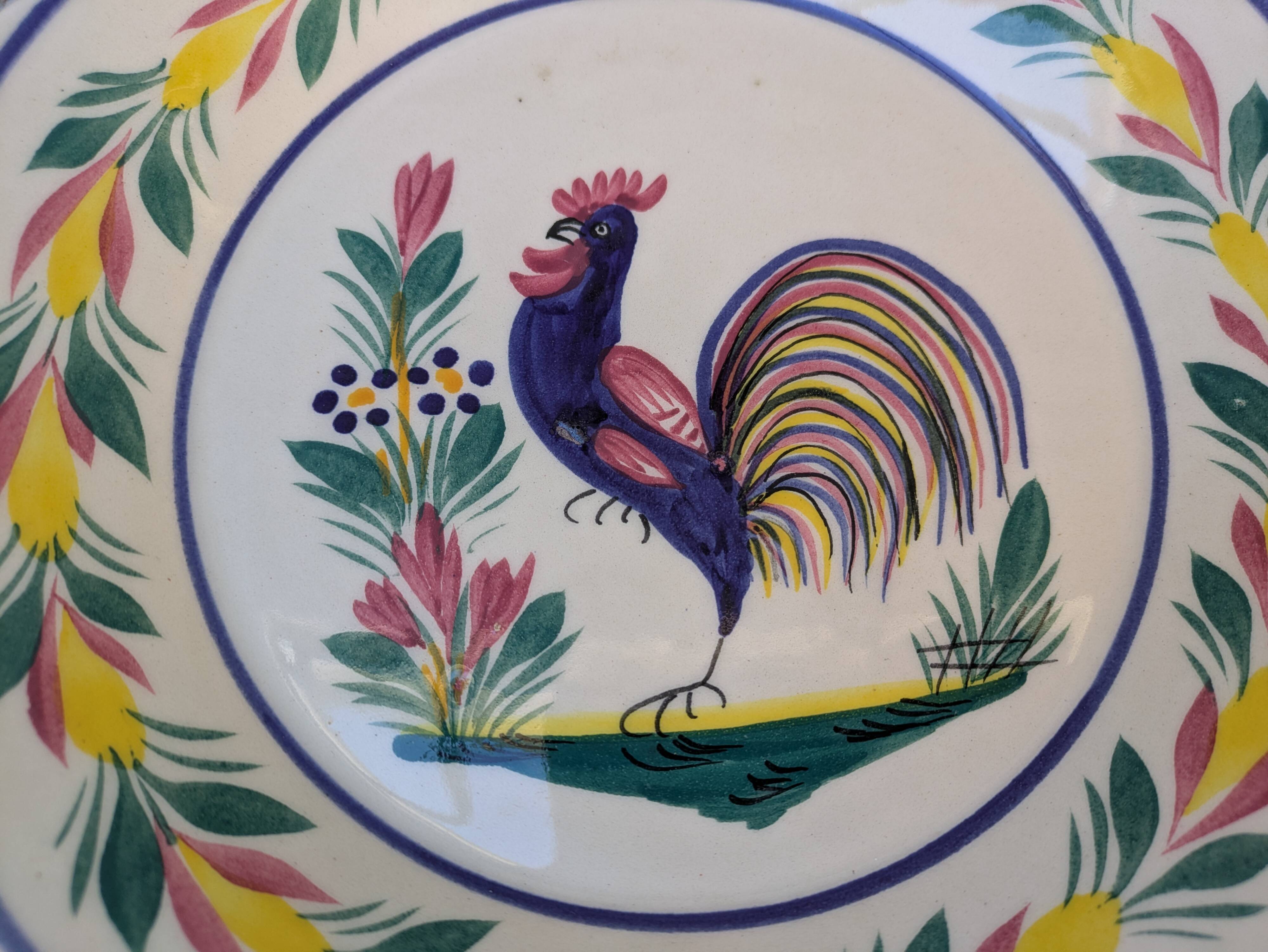 Set of 2 old HB Henriot Quimper plates with rooster motif