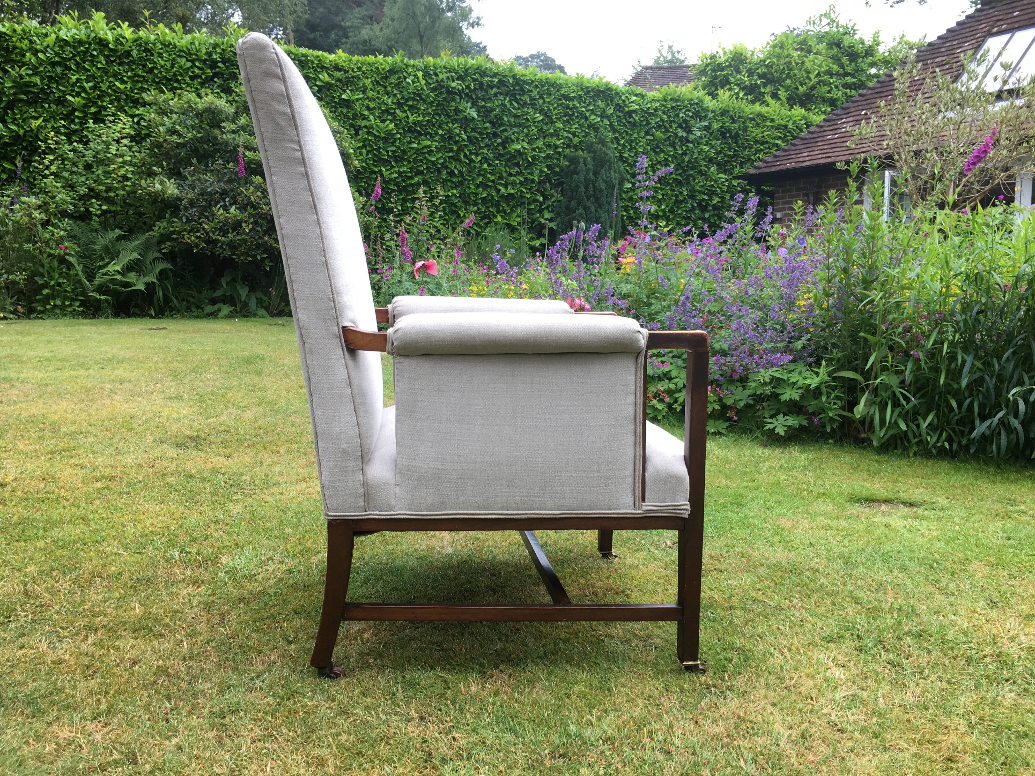 Vintage Antique Oak Reupholstered Armchair On Castors in Beige
