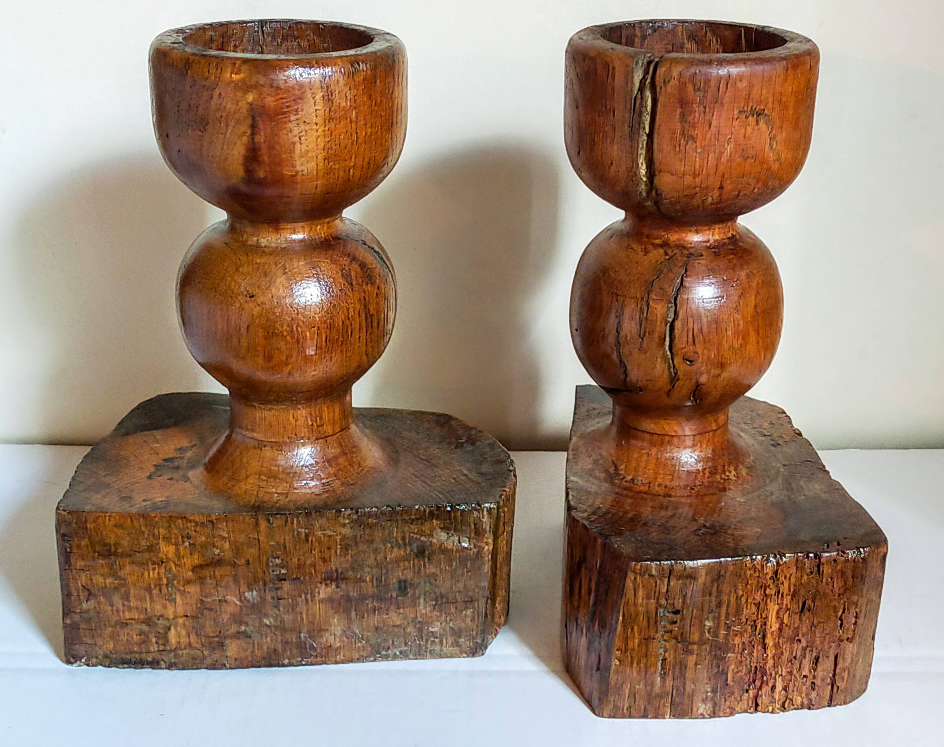 Pair of old brutalist turned solid wood candlesticks