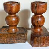 Pair of old brutalist turned solid wood candlesticks