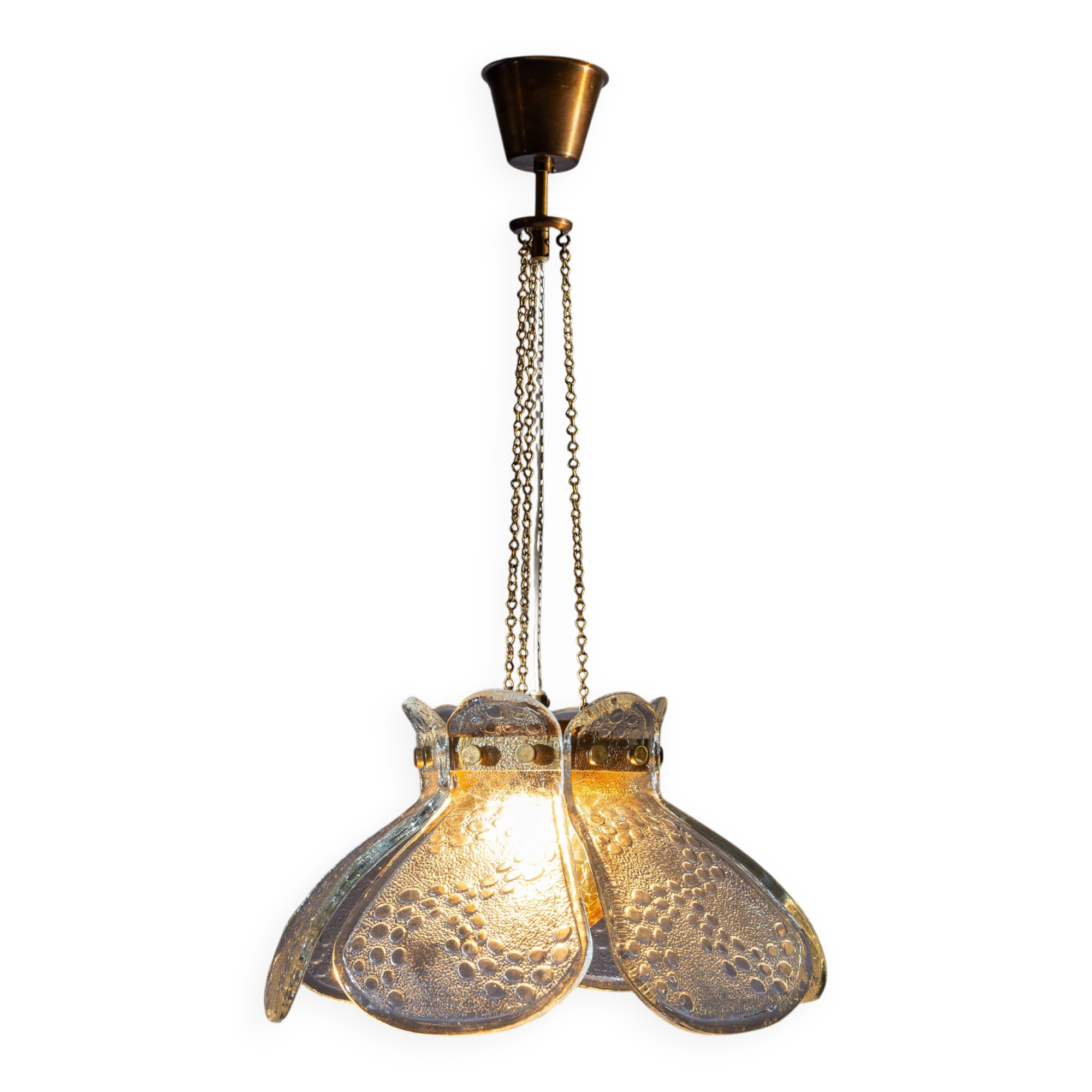 Swedish pendant with glass leaf shades and a center shade of amber coloured