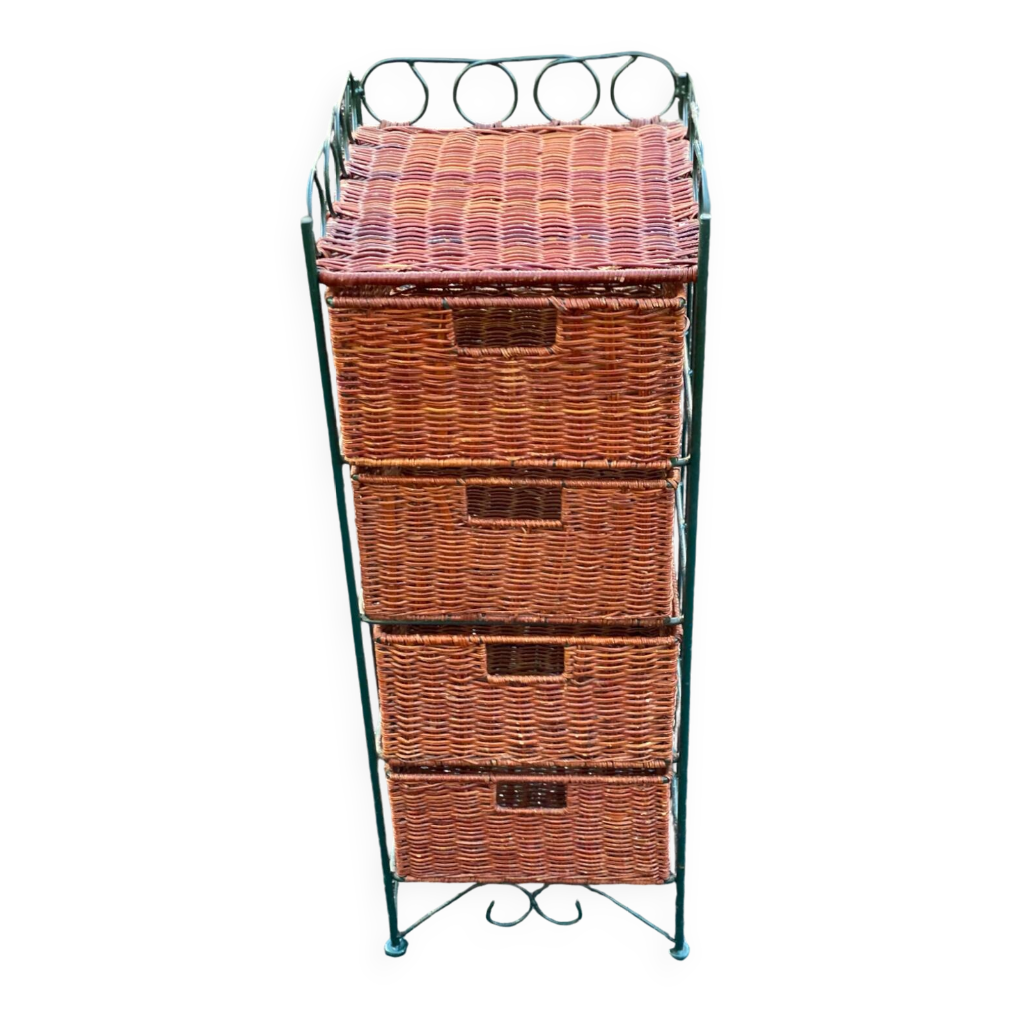 Metal chest of drawers and four woven wicker baskets