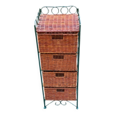 Commode en métal et quatre paniers en osier tressé