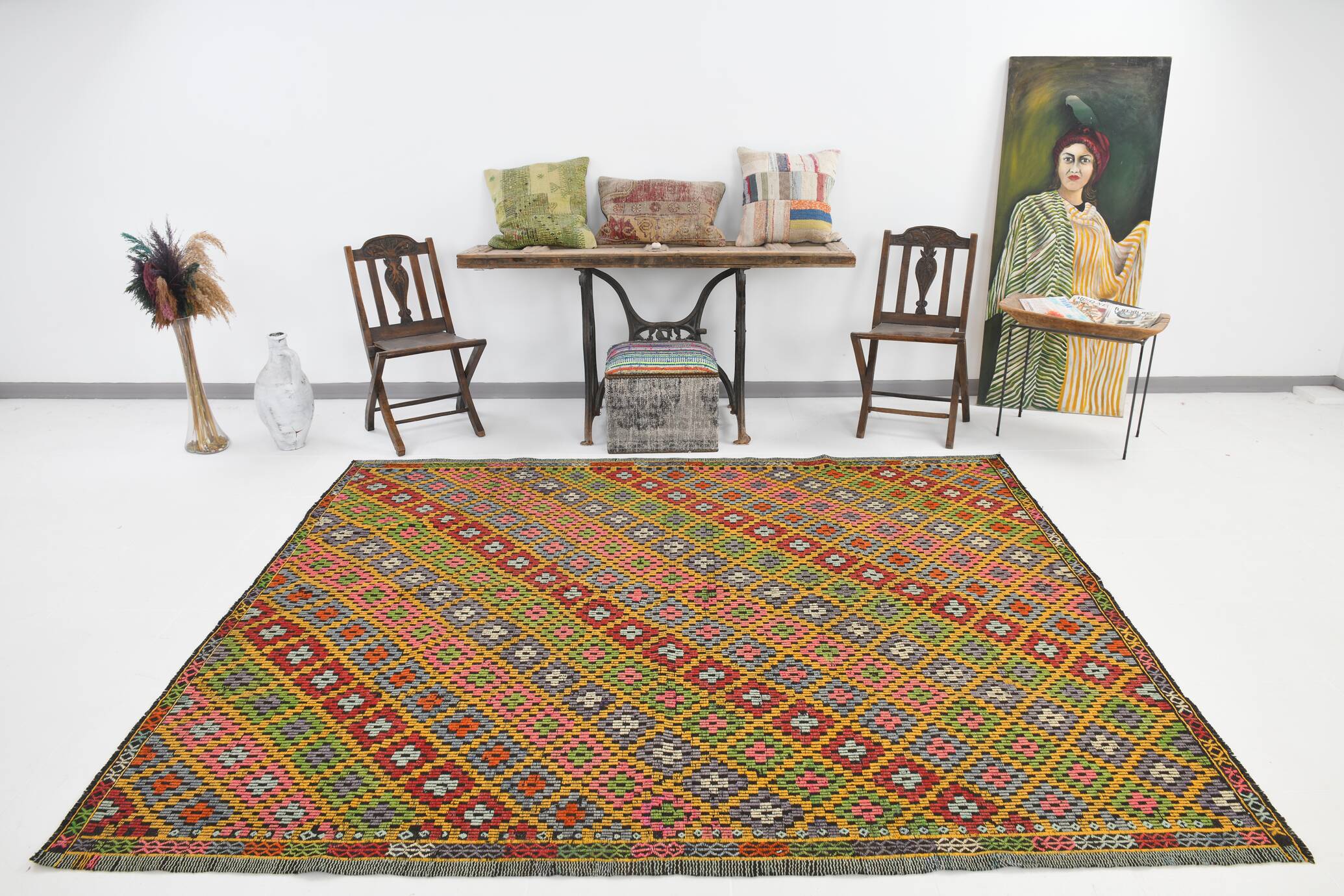 7x9 Yellow Green Handmade Wool Scandinavian Kilim Rug