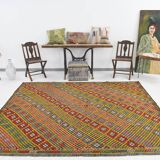 7x9 Yellow Green Handmade Wool Scandinavian Kilim Rug
