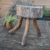 Stool low tripod log solid wood, brutalist and authentic, circa 1920