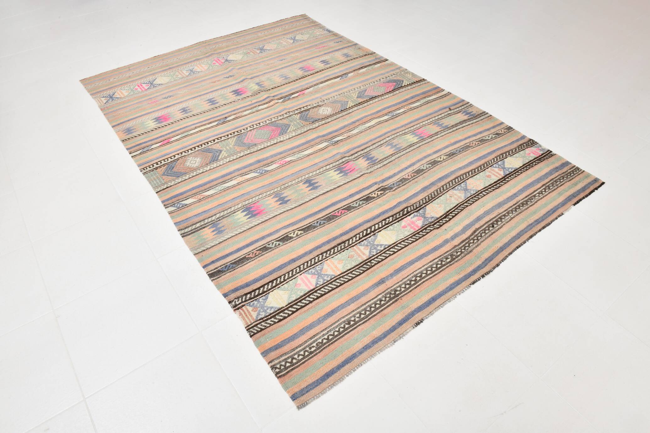 6x8 Green & Blue Striped Handmade Kilim Rug, 174x256Cm