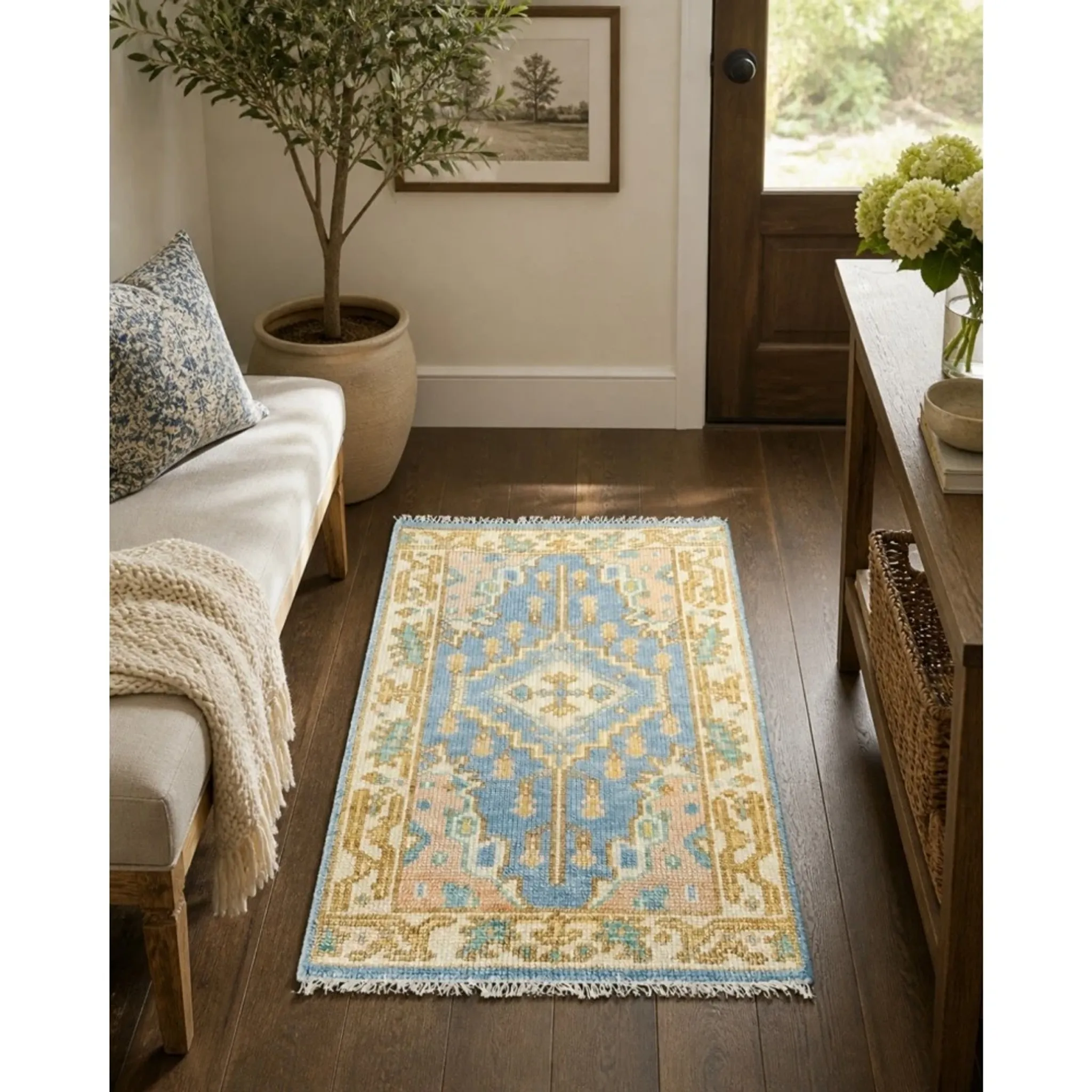 Hand-Knotted Oushak Wool Area Rug, Blue Medallion Design Accent Rug for Entryway