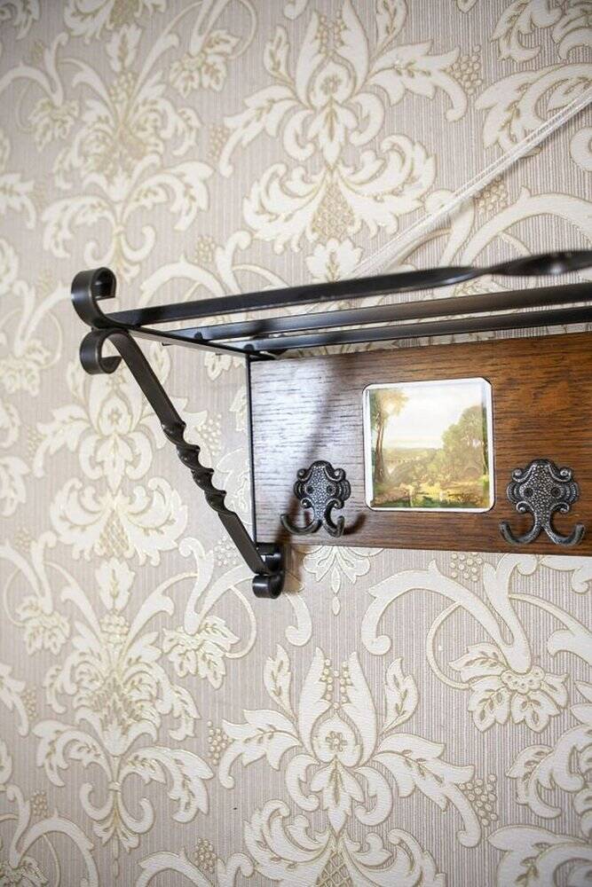 Early 20th Century Dutch Oak Wall Coat Rack with Decorative Tiles, 1950s