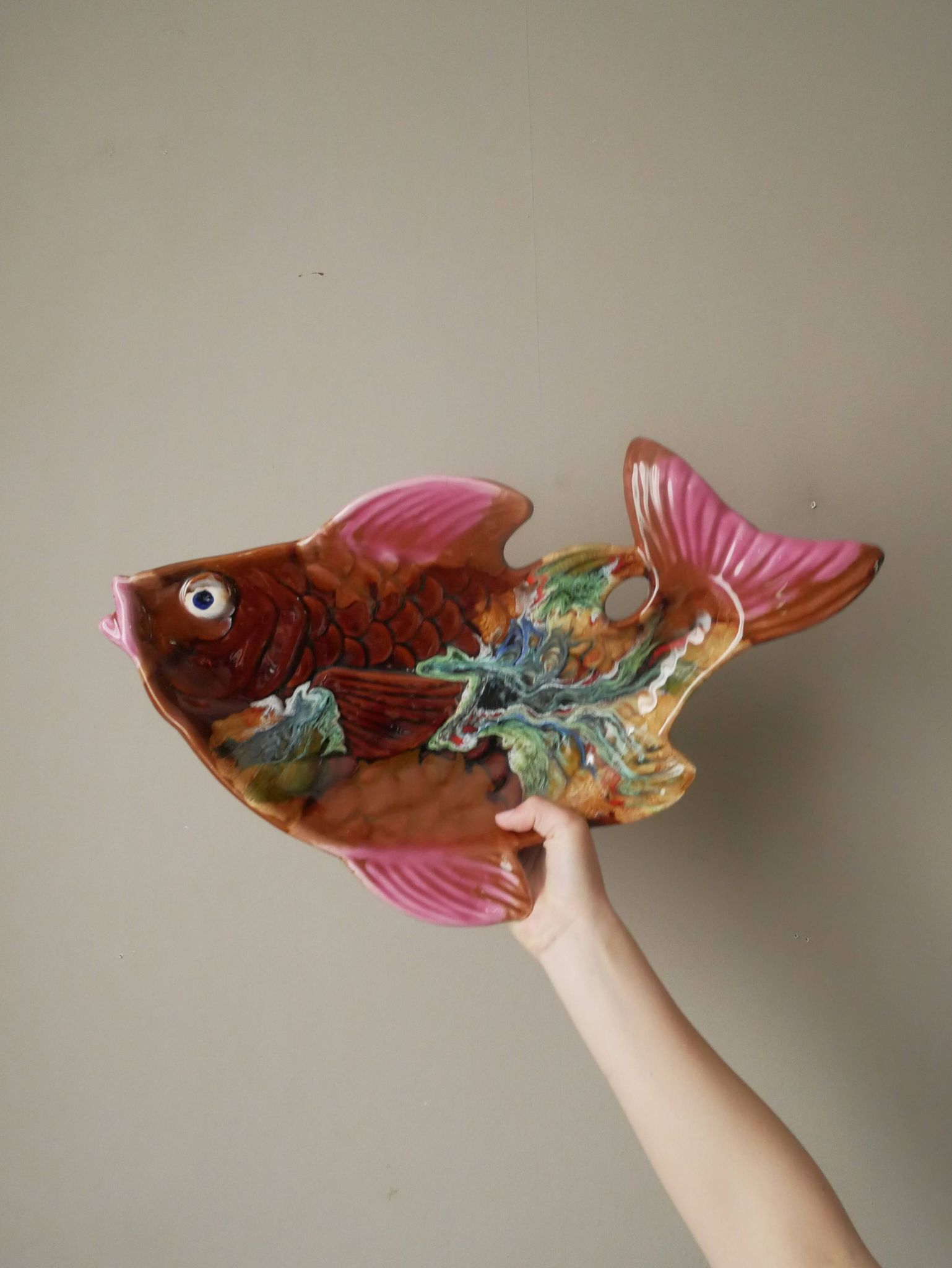Colorful ceramic fish handcrafted pottery handmade retro kitch hand painted