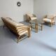Complete living room with rattan sofa and white bouclette, brass finish, 80's design