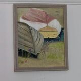 Original Swedish modernist oil on canvas from 1989 "Boats"