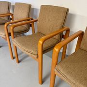 4 armchairs with armrests in beech and fabric, 1970s vintage design.