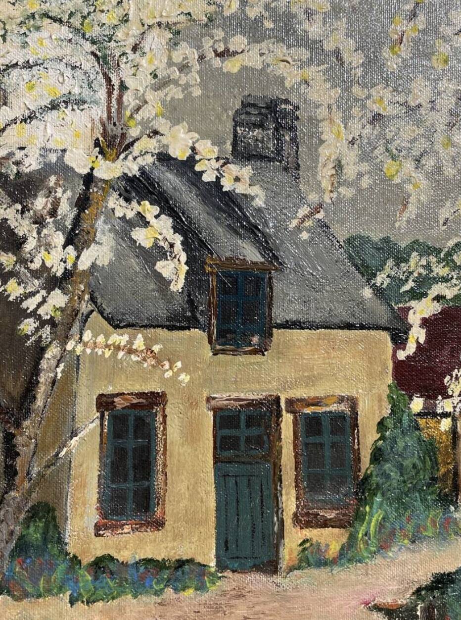 Painting of a farm in a landscape, oil on canvas with frame