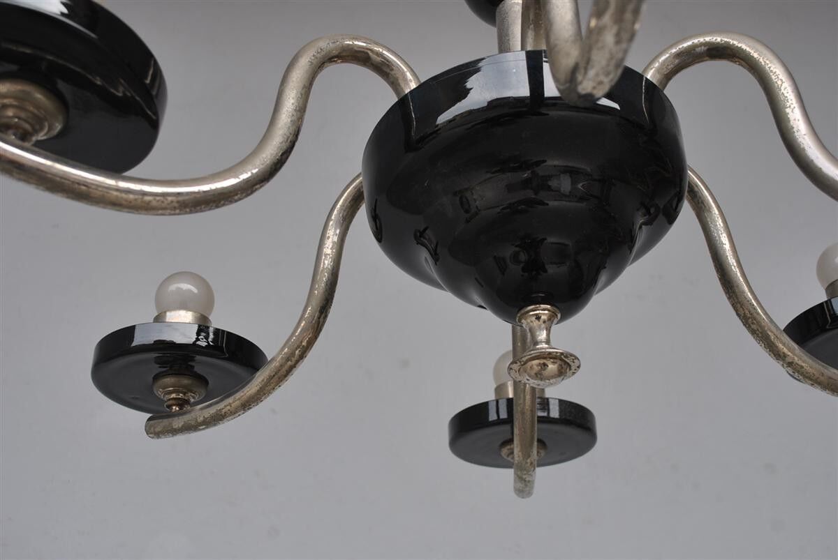 Chandelier 1930 tubular arms to 6 lights black opaline cups