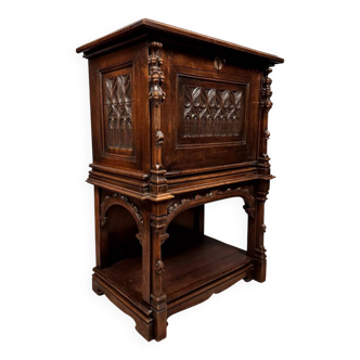 Gothic style secretary cabinet in solid oak circa 1850