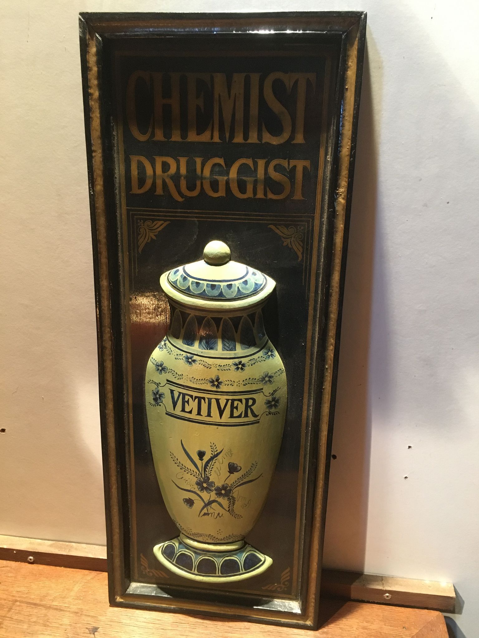 Wooden relief panel "Chemist Druggist" from Country corner