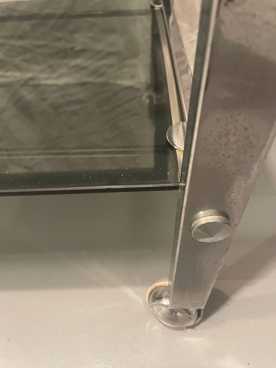 Vintage chrome serving cart/rolling table with smoked grey glass, circa 1970