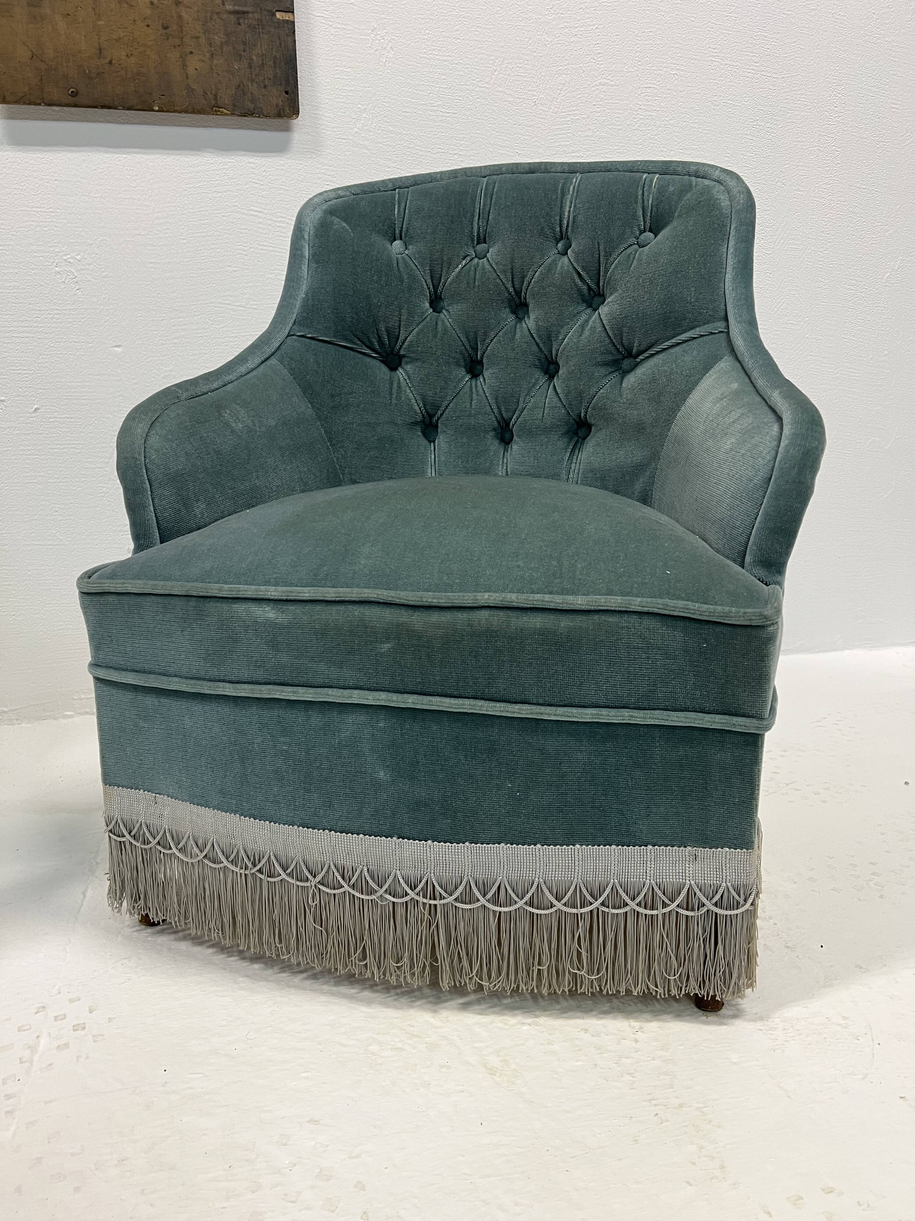 Duo of upholstered blue toad armchairs